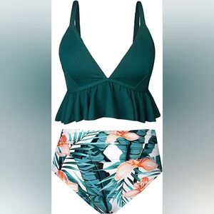 NEW Cupshe Womens Green Floral‎ Ruffle Bikini 2 pc High Rise 2XL Adjustable